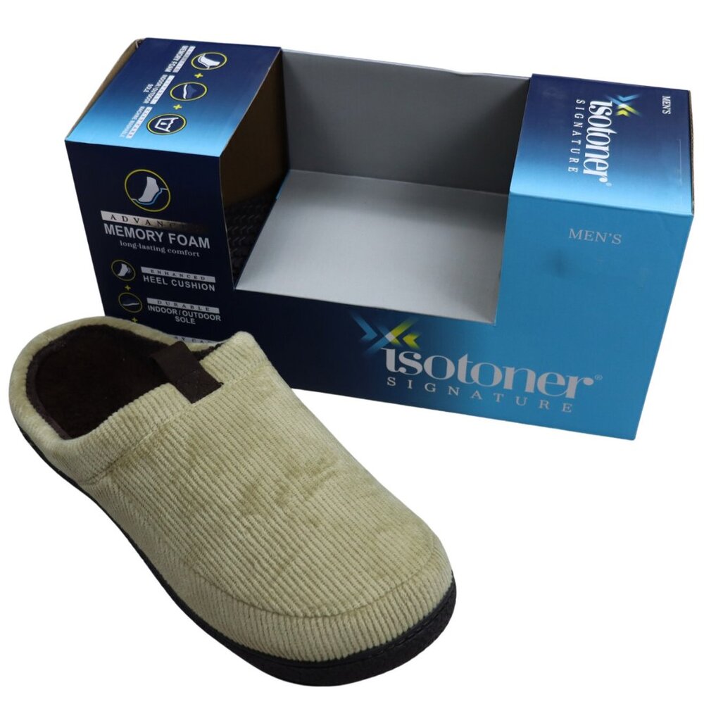 Isotoner Signature Memory Foam Indoor/Outdoor Men's Slippers NIB Pebble Corduroy